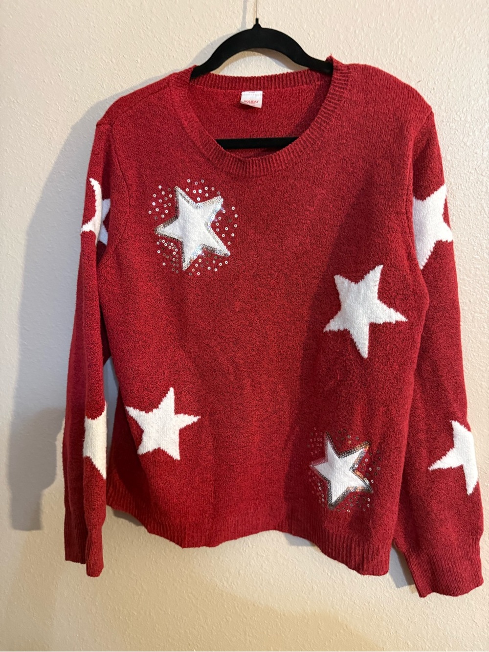 Holiday Time Heathered  Red White Star Sequins Women's Sweater XXL soft